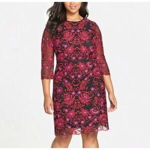 Adrianna Papell Floral Lace Embroidered Sheath Dress Sheer Sleeves Plus Size 14